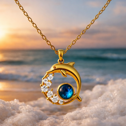 Goldene Halskette mit Delfin und Kristall