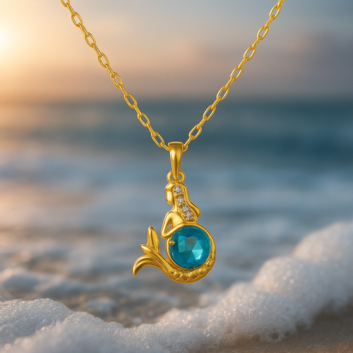 Goldene Meerjungfrauen-Halskette mit blauem Kristall