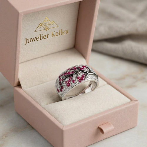 Ring mit Rubin und Blumen | Weissgold
