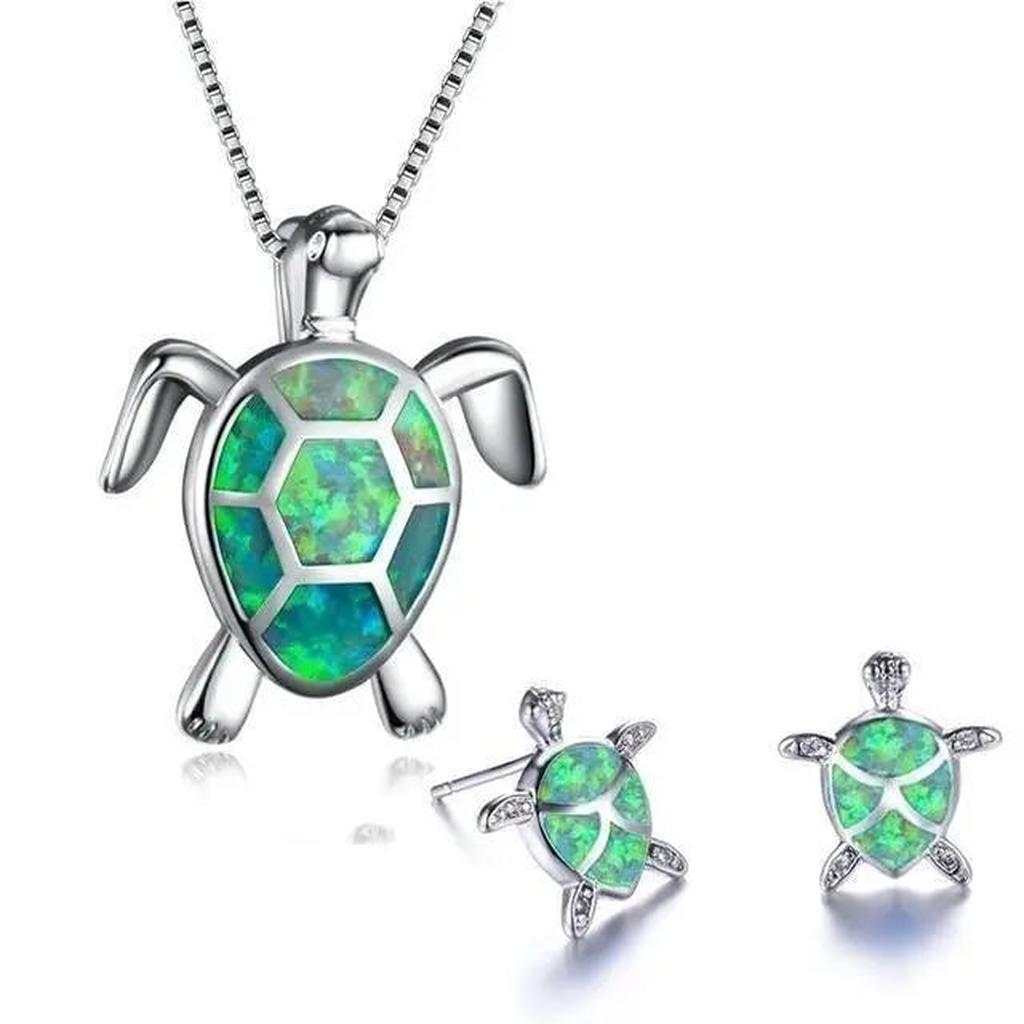 Set: Halskette und Ohrringe mit Meeresschildkröte in Opal und Silber