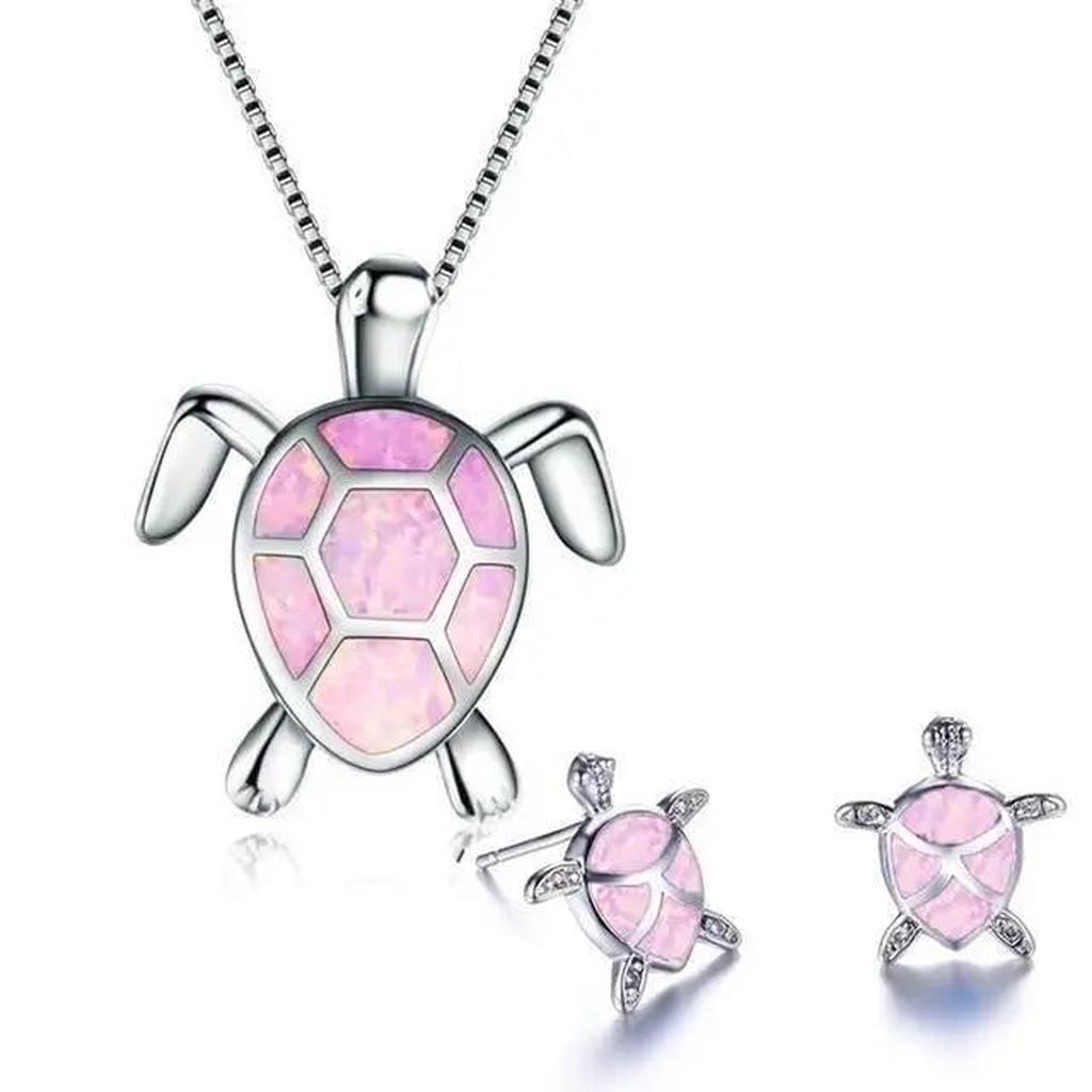 Set: Halskette und Ohrringe mit Meeresschildkröte in Opal und Silber