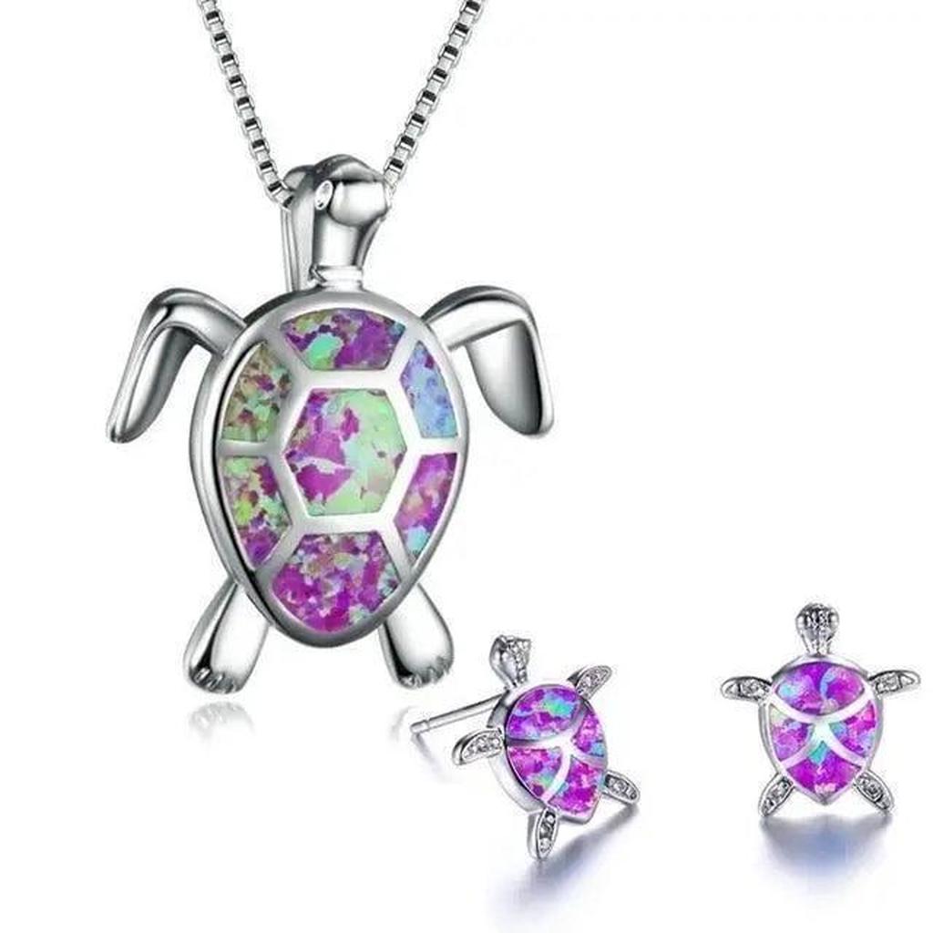 Set: Halskette und Ohrringe mit Meeresschildkröte in Opal und Silber