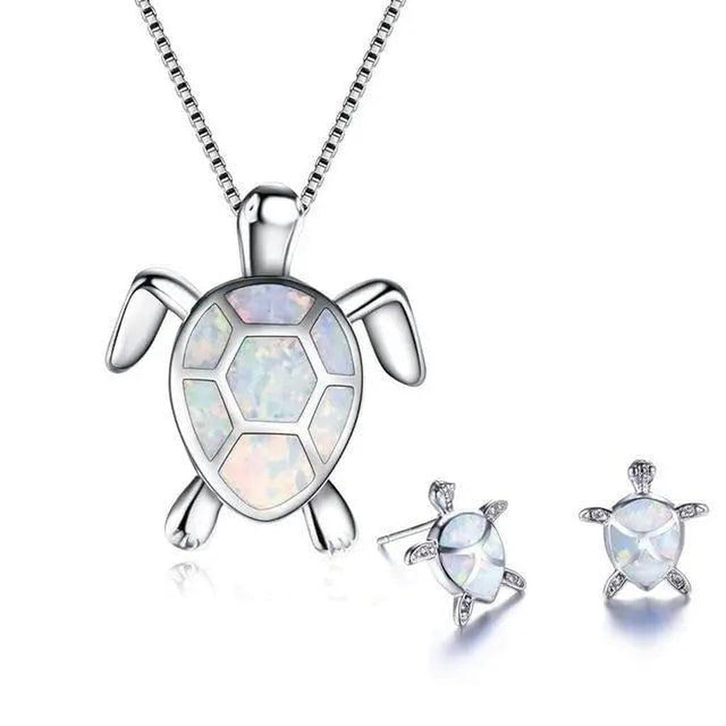 Set: Halskette und Ohrringe mit Meeresschildkröte in Opal und Silber