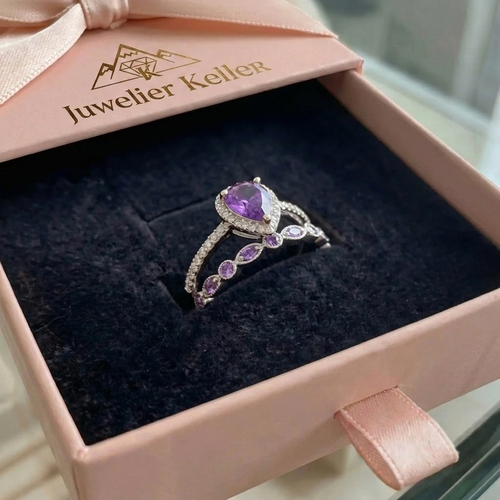 Tränenförmiger Amethyst-Ring Set | Weissgold